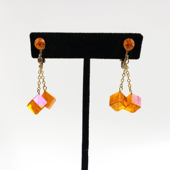 Vintage Jewelry - Vtg Orange Acrylic Cubes with Aurora Clip Earrings